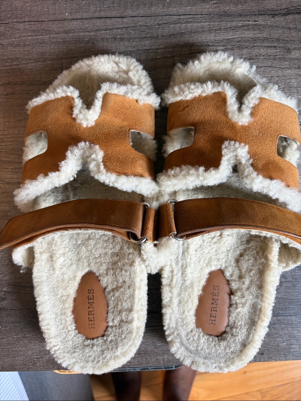 Hermes Suede Goatskin Woolskin Womens Chypre Sandals 41 Naturel Ecru